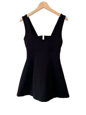 TA3 Notchy Flare dress L short black cinching mini shaping tie back NWT
